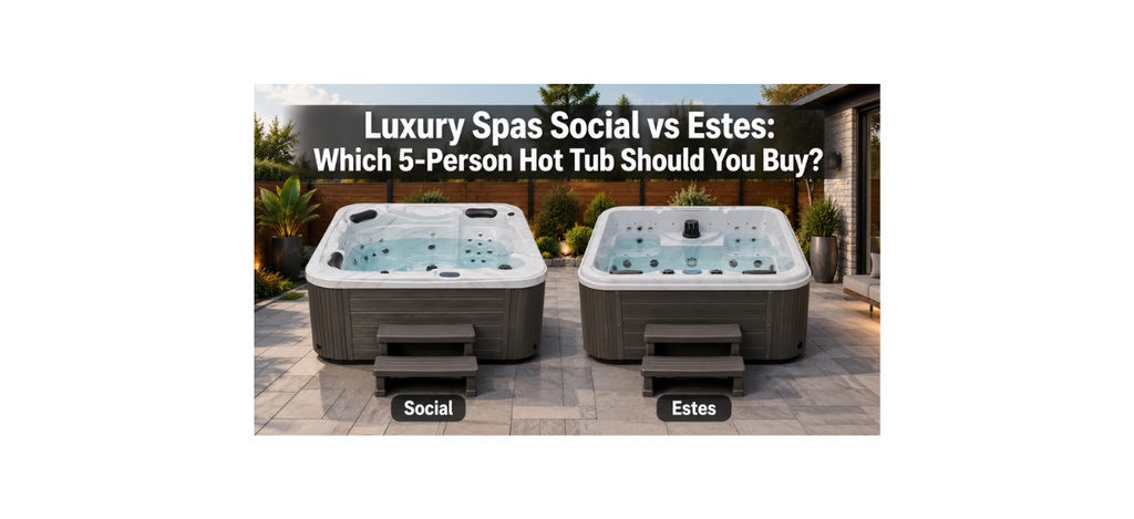 A comparison graphic showing two outdoor 5-person hot tubs side by side on a patio. The left tub is labeled 'Social' and the right tub is labeled 'Estes'.