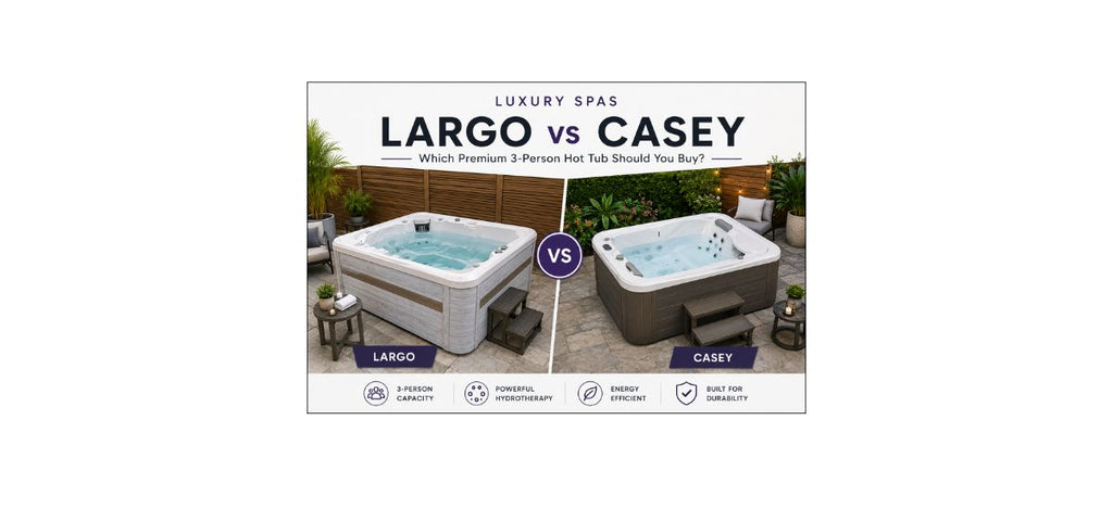 'LUXURY SPAS LARGO vs CASEY' showing two outdoor hot tubs side by side, labeled 'LARGO' on the left and 'CASEY' on the right, with feature icons below.