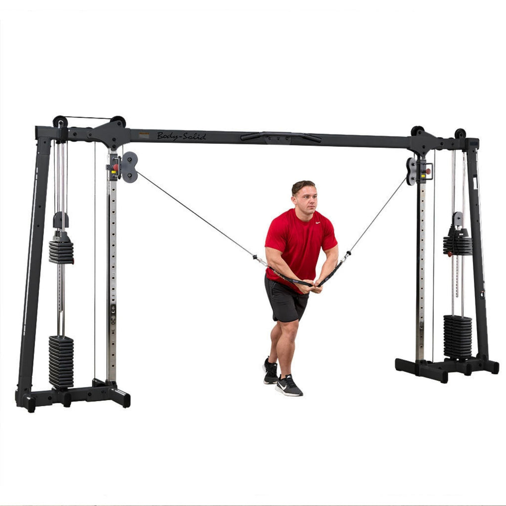 Cable Crossover Machines Collection - Gym Member performing cable fly crossovers in between the columns of a cable crossover machine.