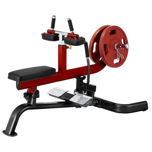 Seated Calf Machine with Red weight plates