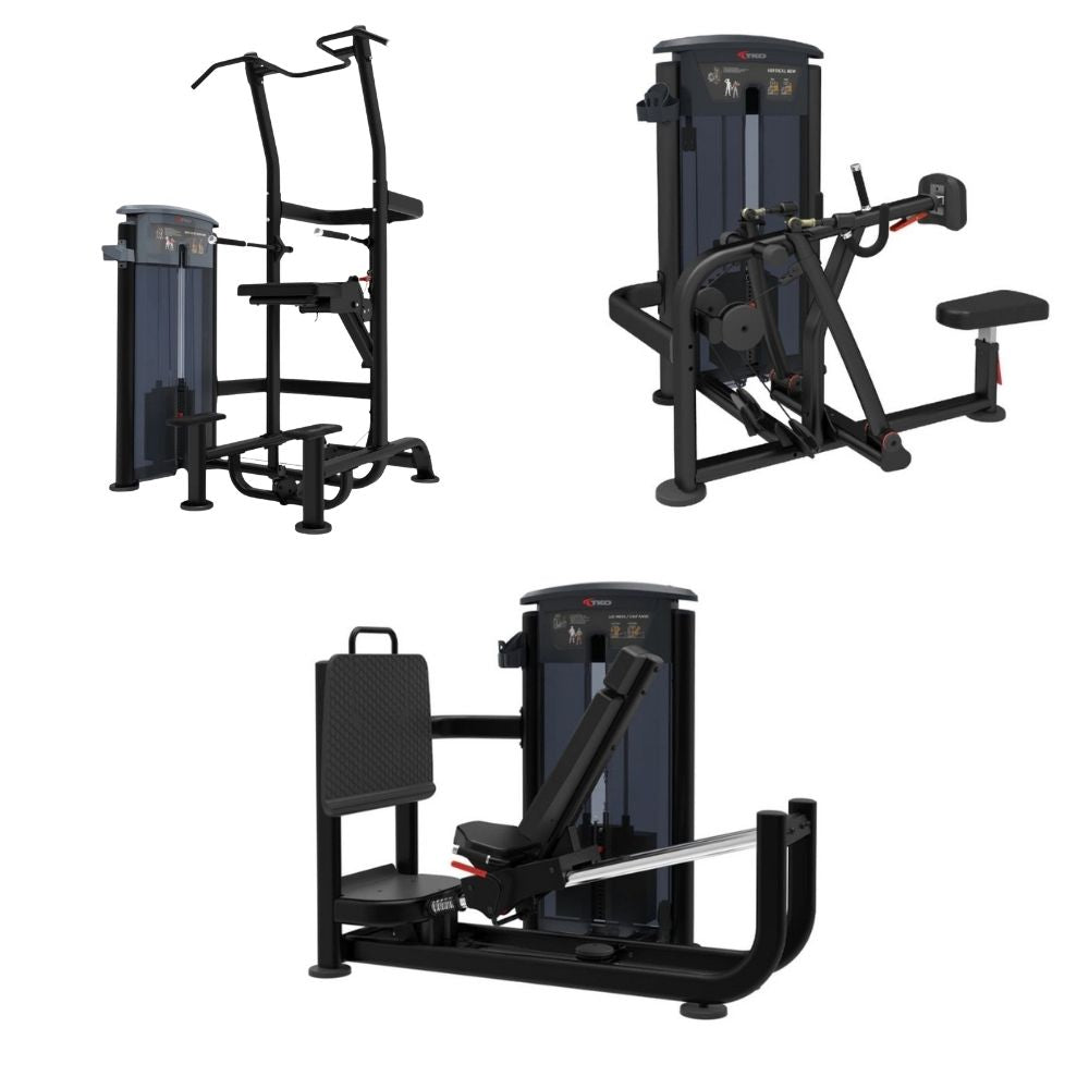 TKO Seated Leg Press & Hack Squat, Seated Mid Row, and Weight Assisted Chin & Dip Combo machine on a solid white background.