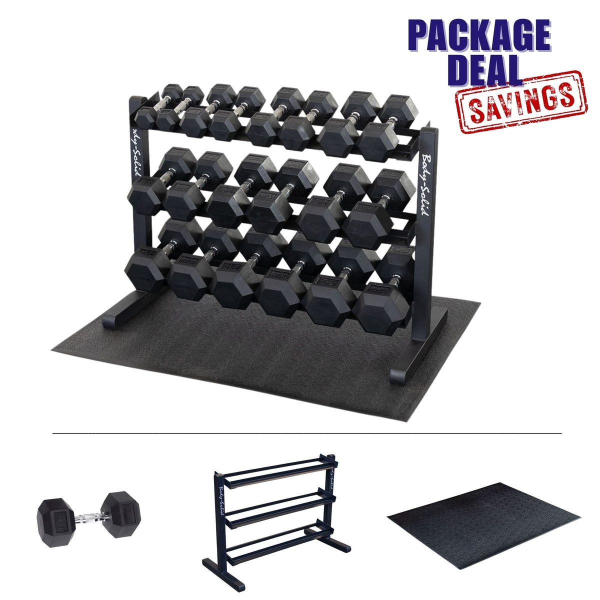 Body-Solid Commercial 5-50 lb. Rubber Hex Dumbbell Set and Rack with Mat