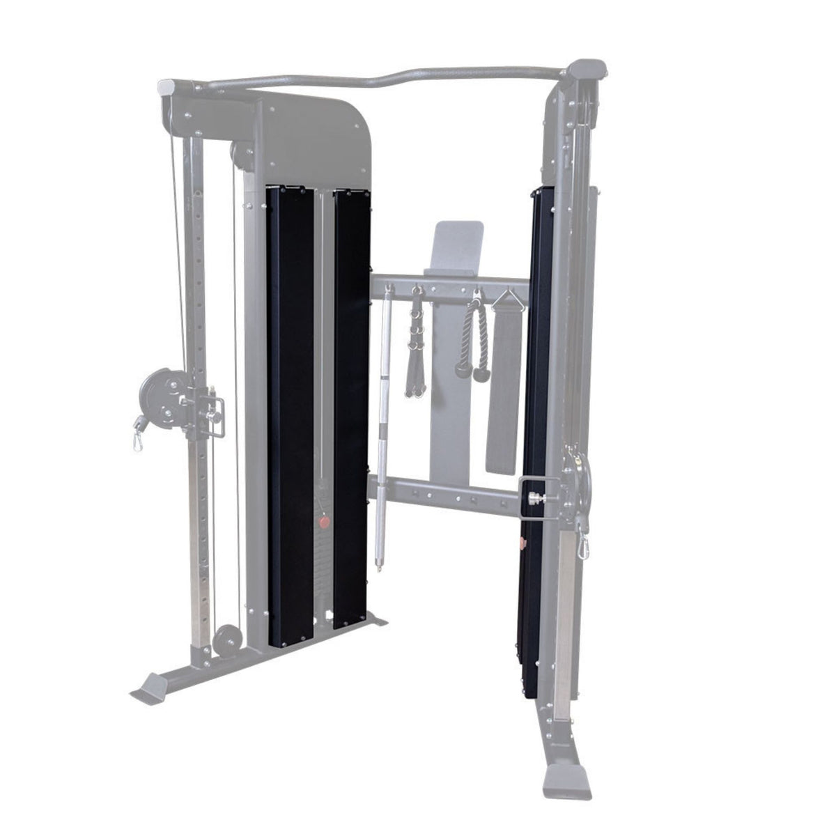 Body-Solid Functional Trainer Shrouds GFT100SH Front view of a dual adjustable pulley system with weight stacks highlighted and frame semi-transparent, showing overall cable machine design.