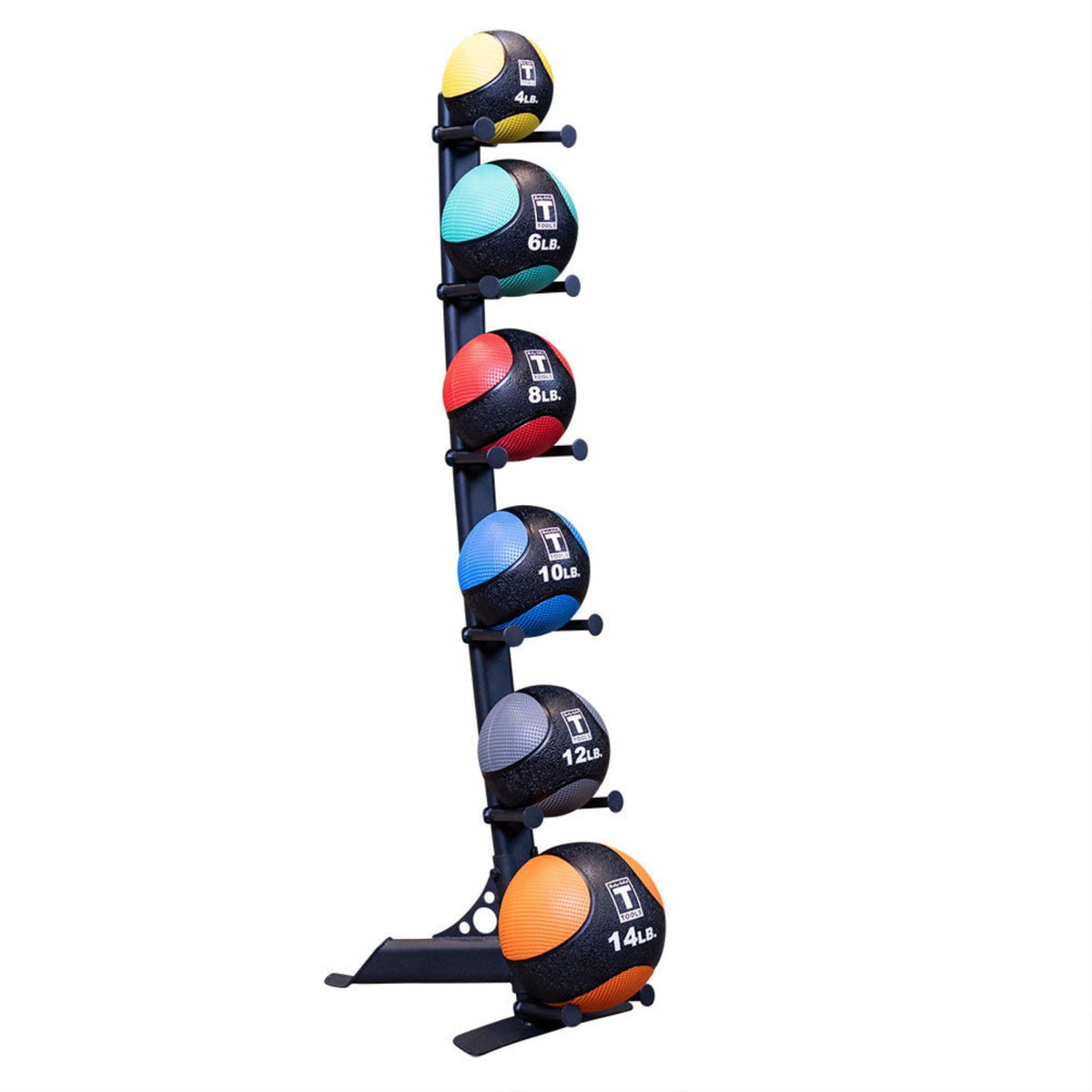 Body-Solid Medicine Ball Package with Rack GMR10B-PACK vertical rack neatly holding color-coded medicine balls ranging from 4 lb to 14 lb.
