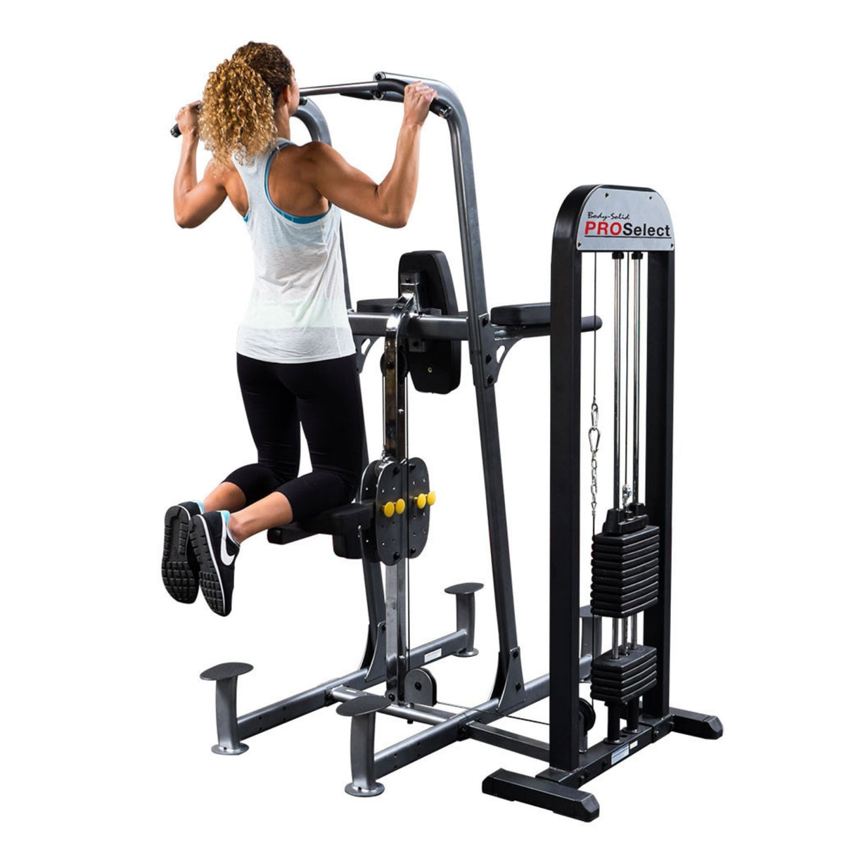 Body-Solid Pro-Select Weight Assist Chin-Up Dip Machine FCD-STK perform a knee raise exercise