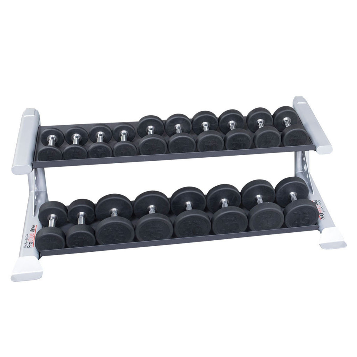 Body-Solid Pro ClubLine Modular Storage Rack with Dumbbell Tiers SDKR-DB dumbbell rack with round rubber dumbbells arranged on 2 tiers