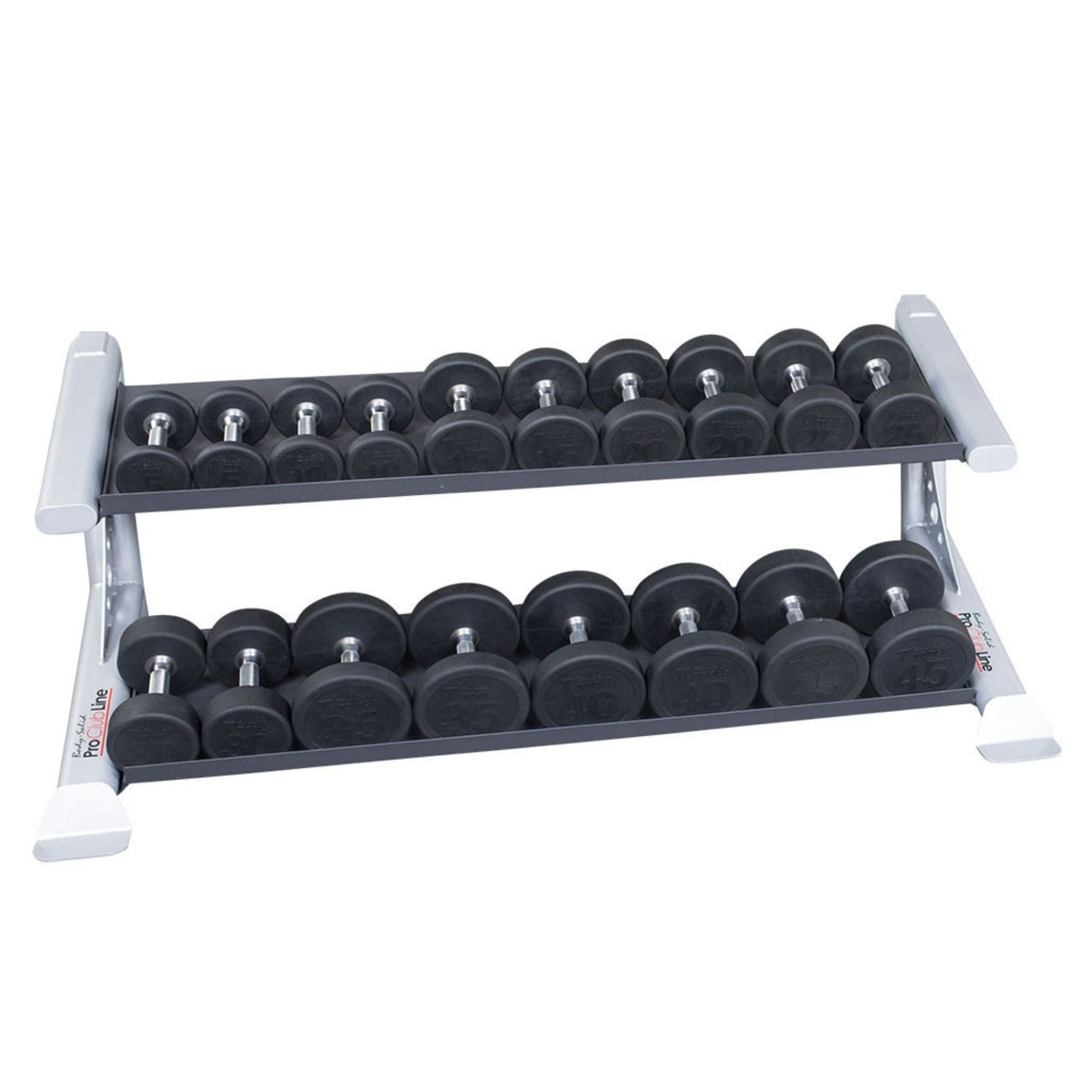 Body-Solid Pro ClubLine Modular Storage Rack with Dumbbell Tiers SDKR-DB dumbbell rack with round rubber dumbbells arranged on 2 tiers