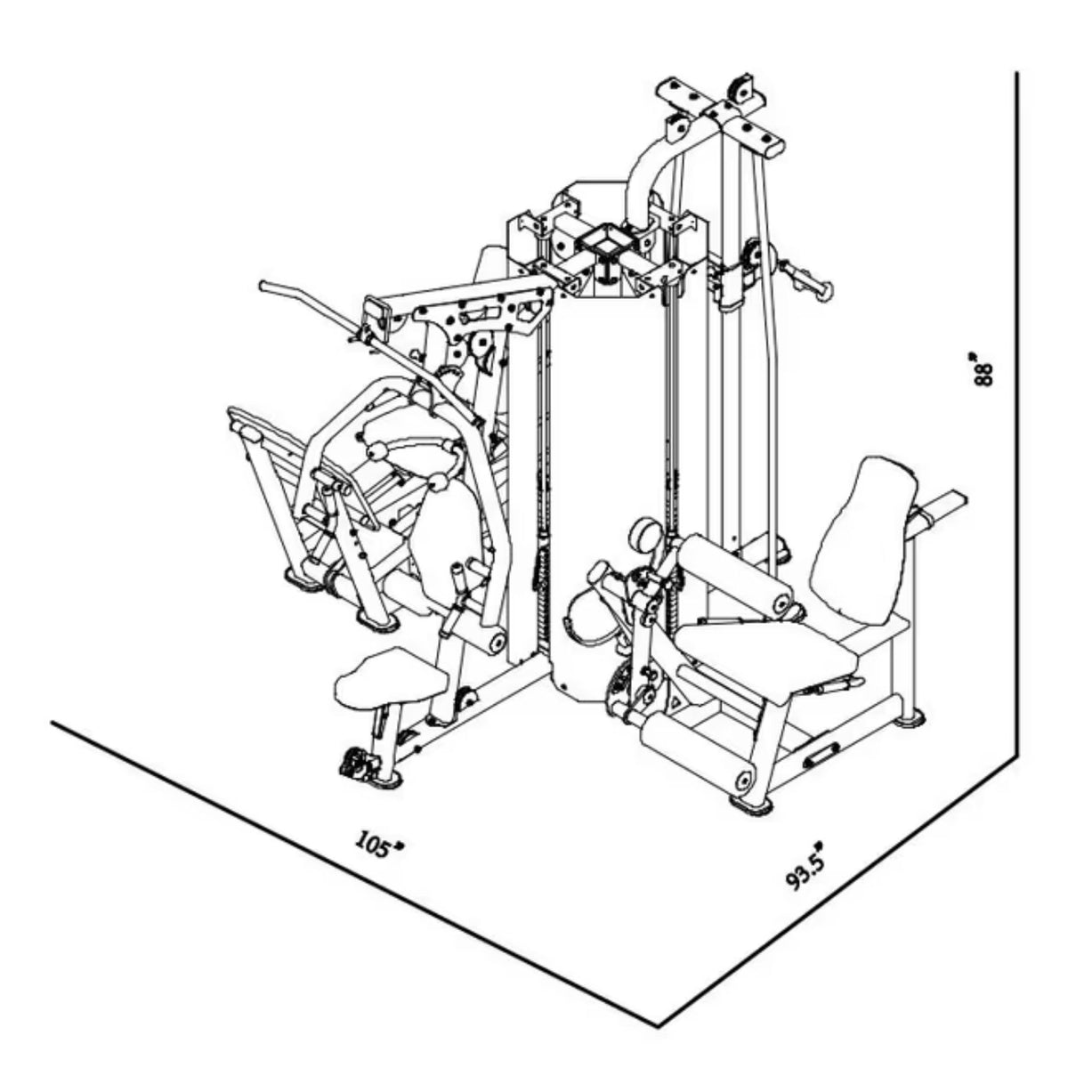 BodyKore 3 Station Multi-Gym (Chest/Back, Leg Extension, Leg Press) MTI4005 Dimension