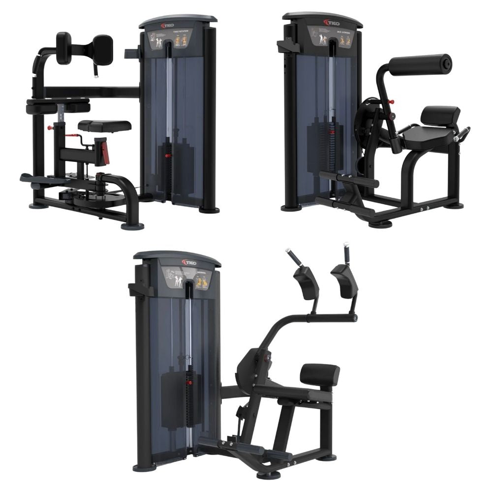 TKO Core & Posterior Chain 3-Station Circuit SelectORIZED Package, showing torso rotation, back extension and ab crunch machines with a seat and backrest, shown on a plain white background.
