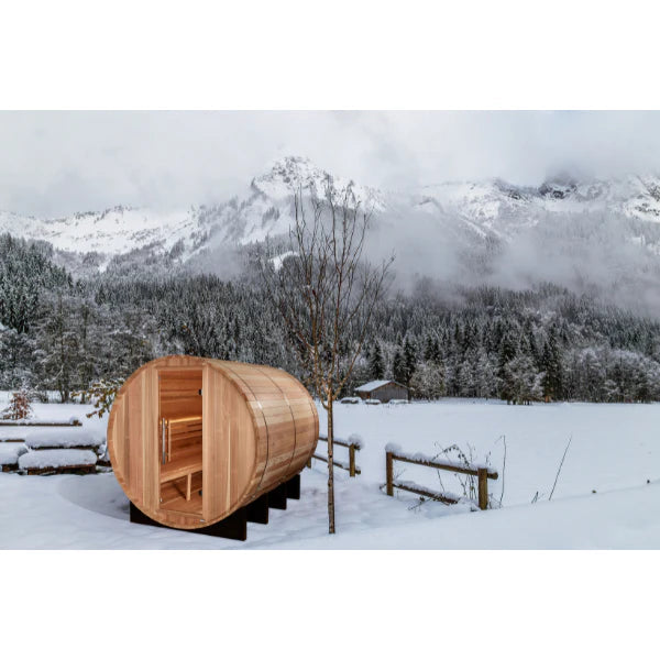 Golden Designs "Klosters" 6 Person Barrel Traditional Sauna GDI-B006-01 Front View Outdoor 1