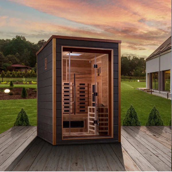 Golden Designs Nora 2 Person Hybrid PureTech™ Full Spectrum IR or Traditional Stove Outdoor Sauna GDI-8222-01 Front View Outdoor 3