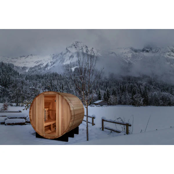 Golden Designs "St. Moritz" 2 Person Barrel Traditional Sauna GDI-B002-01 Front View Outdoor 2