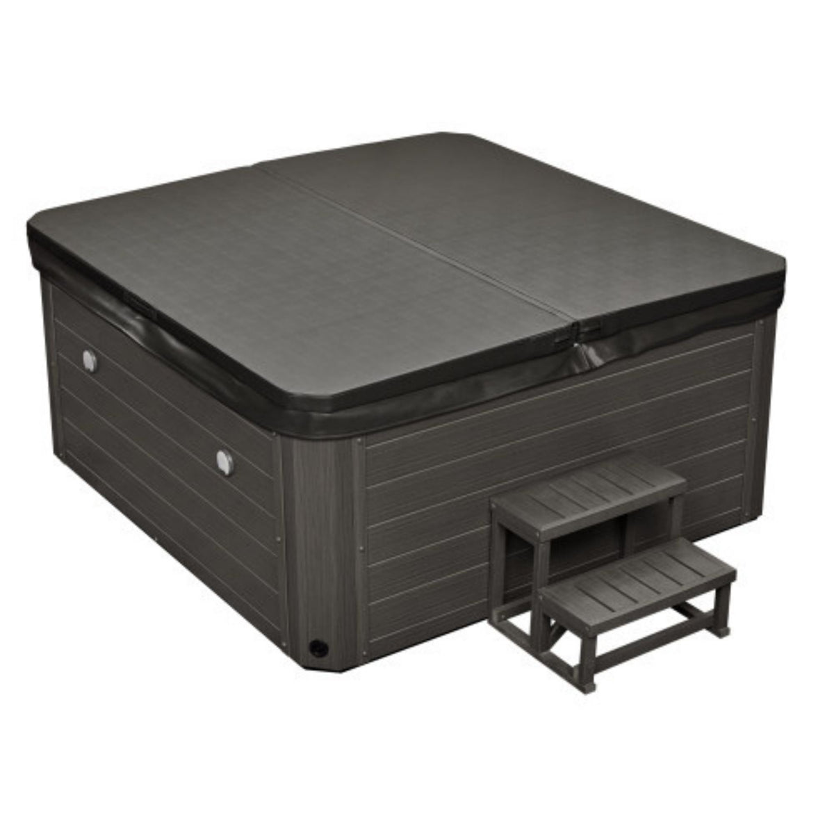 A square hot tub with a sleek gray exterior and a matching insulated cover