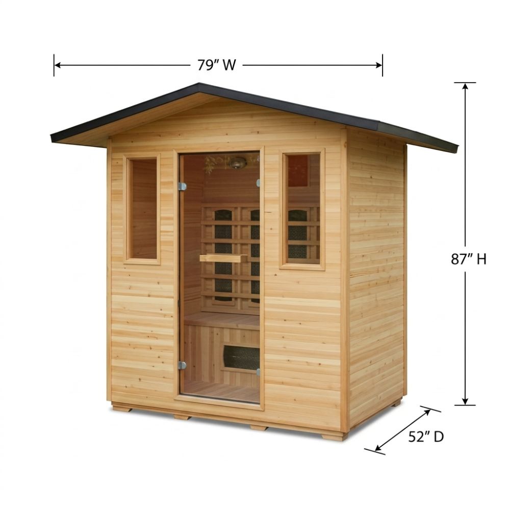 Wooden sauna with dimensions labeled on a white background