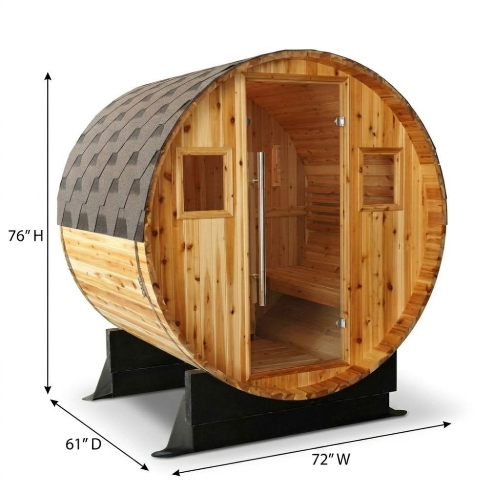 SunRay Aurora – 2-4 Person Traditional Barrel Sauna with 6kW Harvia Heater with dimensions on a white background