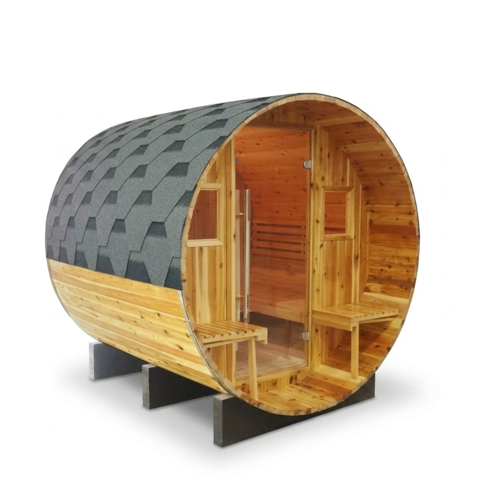 SunRay Galley – 4-Person Traditional Barrel Sauna with 6kW Harvia Heater on a white background