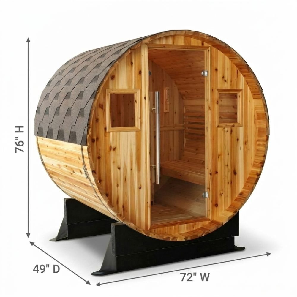 SunRay Solace – 2-Person Traditional Barrel Sauna with dimensions on a white background