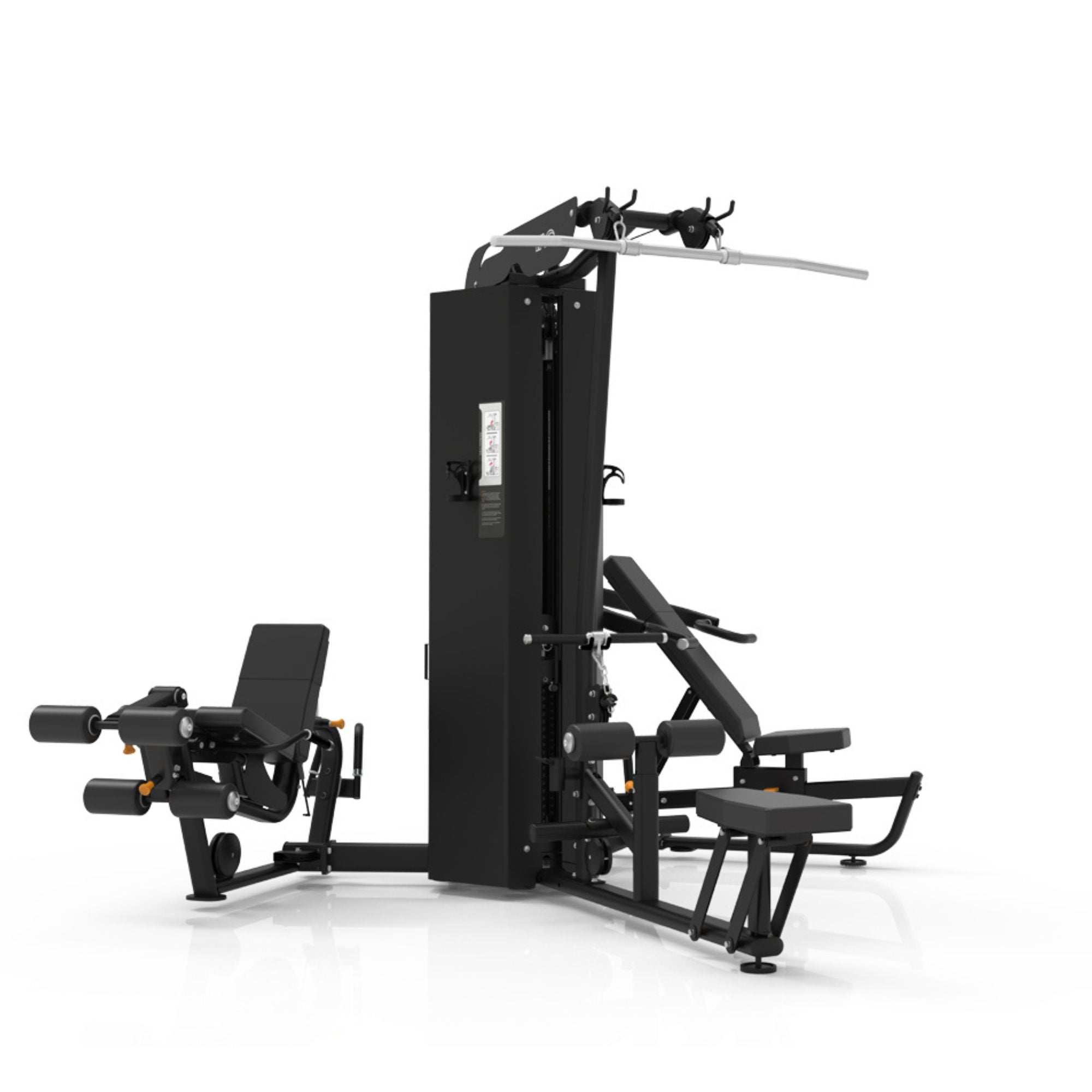 TAG Fitness 3-Station Multi-Gym with multi-press, lat pull-down, low row, and leg extension curl stations in black finish.