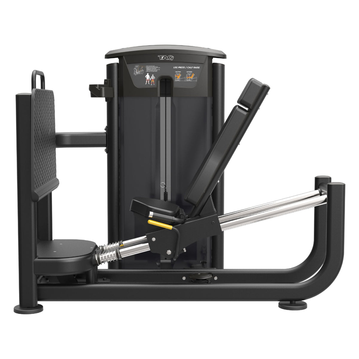 Black TAG Fitness leg press and calf raise with white background side view.