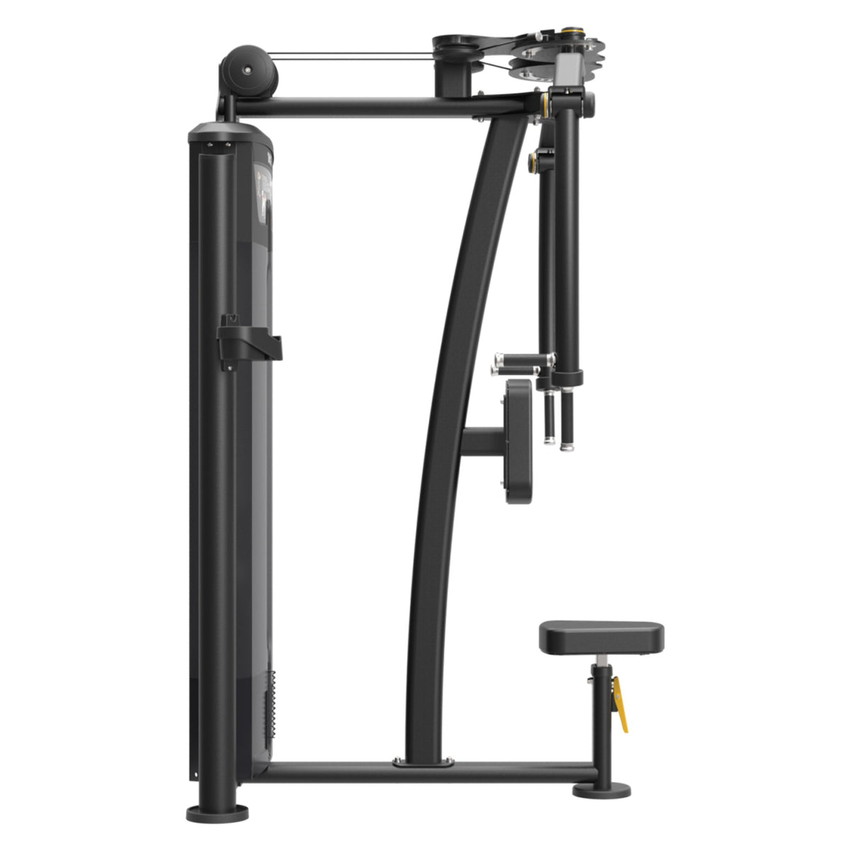 TAG Fitness Elite Pec Fly and Rear Delt Dual Select machine side view with black frame, selectorized weight stack, adjustable arms, and padded seat.