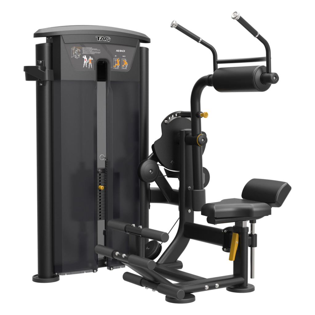 TAG Fitness Elite Ab Back Dual Select machine with black powder-coated frame, selectorized weight stack, adjustable pads, and compact commercial design.