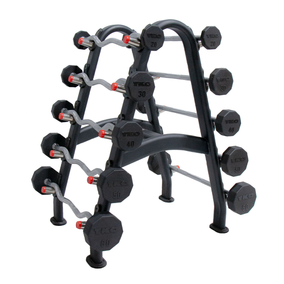 TKO 20-60lb Rubber Straight & 20-60lb curl barbell w/ 10 set barbell rack