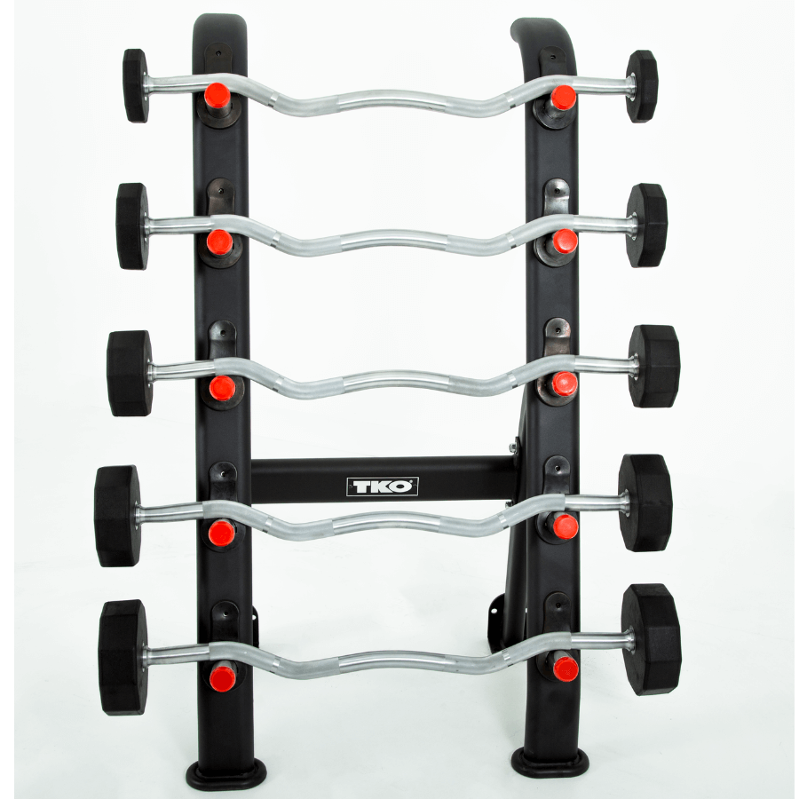 TKO 20-60lb rubber Curl barbells with 5 set barbell rack heavy-guage steel