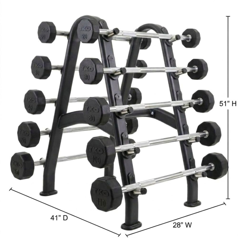 TKO 10-Rack Barbell rack with weights and dimensions on a white background