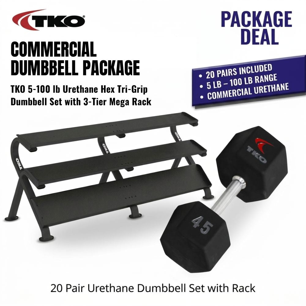 TKO Urethane Hex Tri-Grip Dumbbells 5lb-100lb with 3-Tier Mega Rack S891-TXUE20