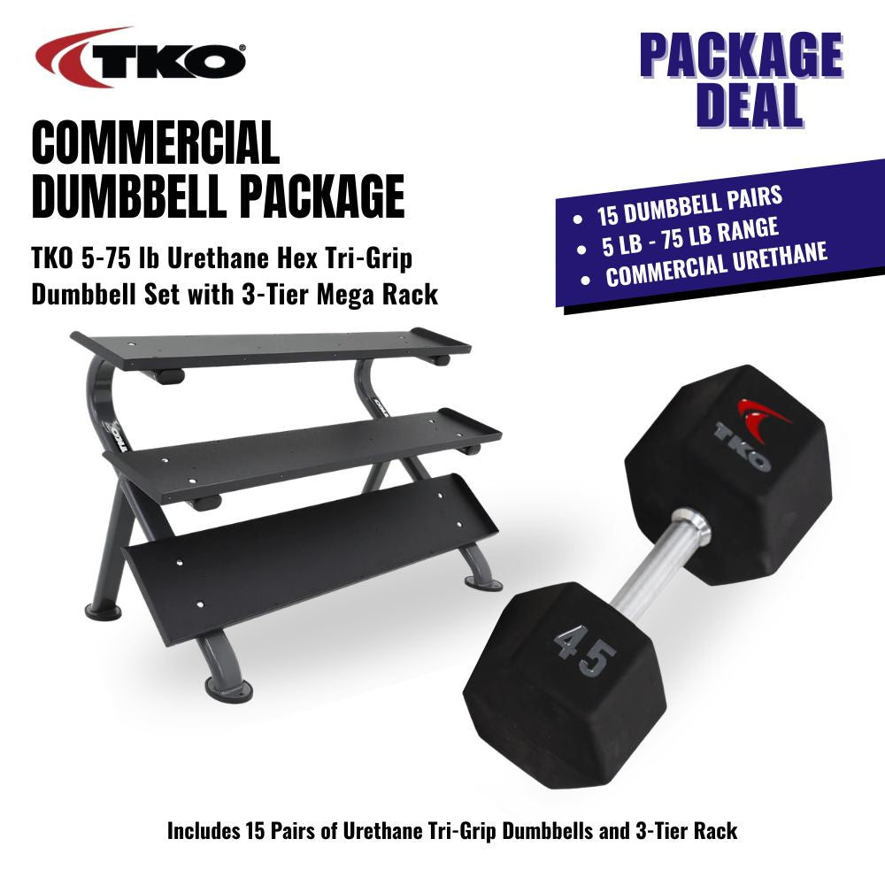 TKO Urethane Hex Tri-Grip Handle Dumbbells 5-75lb Set with 3-Tier Shelf Rack S890-TXRE15