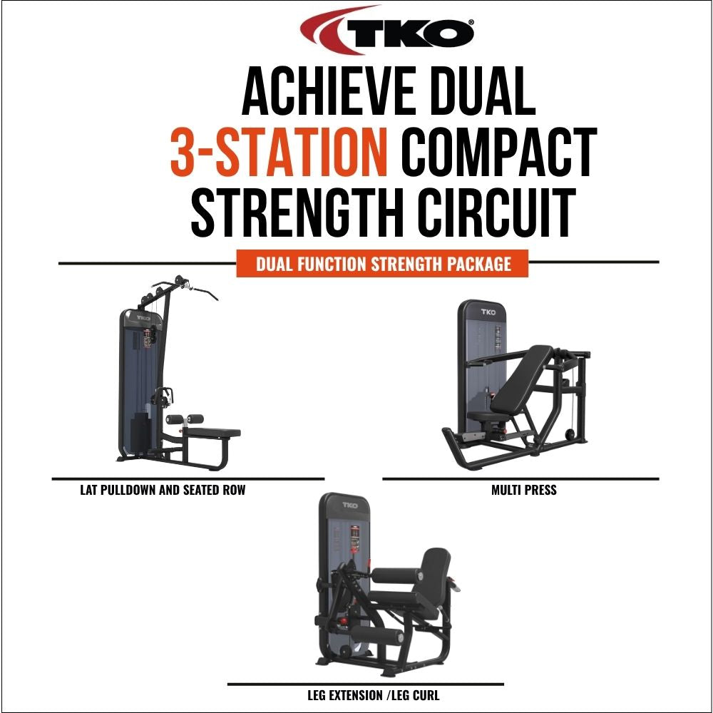 TKO Achieve Dual 3-Station Compact Strength Circuit package featuring a lat pulldown and seated row, mutli press, and leg extension and leg curl machine on a white background