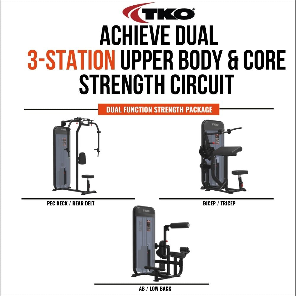 TKO Achieve Dual. 3-Station Upper Body and Core Pec Dec / Rear Delt, Bicep/ Tricep, AB/ low back machines on a white background