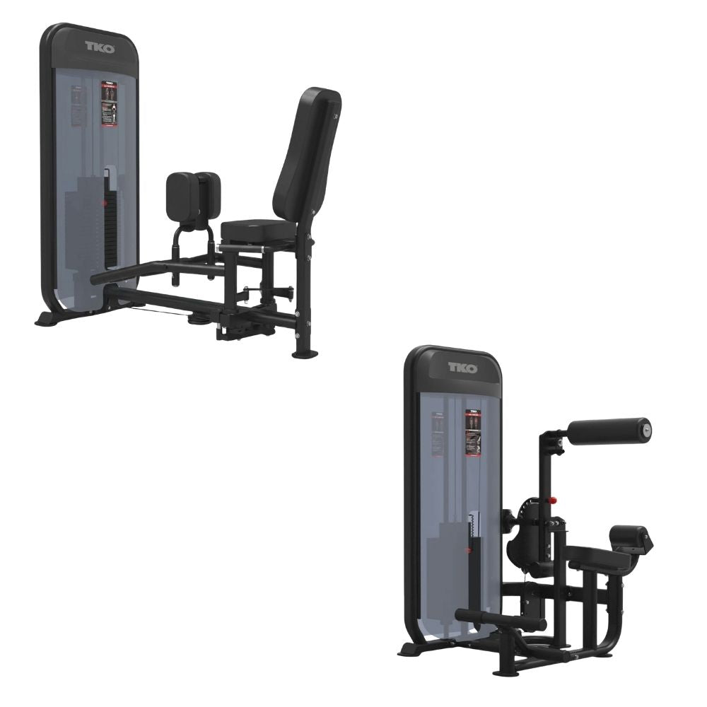 TKO Achieve Dual Inner and Outer Thigh machine and Ab and Low Back machine in black and gray, shown on a plain white background.