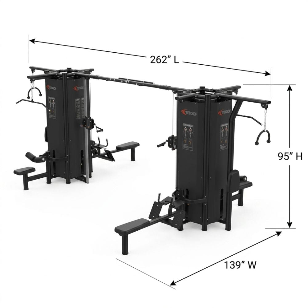 TKO Signature Series 8 stack machine for group training with dimensions labeled on a white background