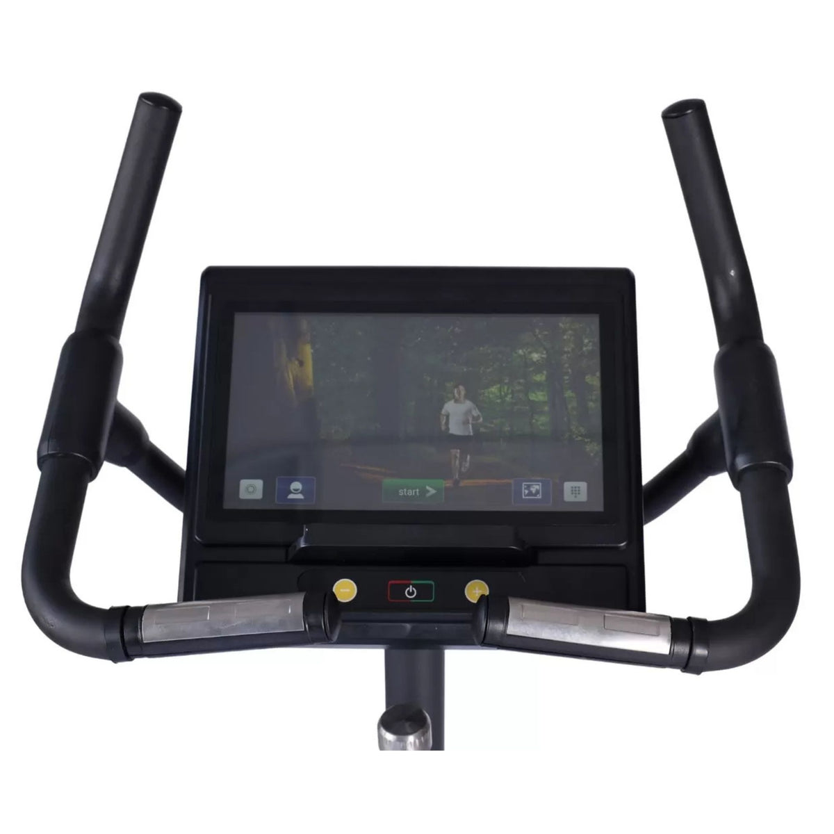 Vortex Commercial Exercise Bike With Integrated Tv Screen and Content Included VTB1000 Touchscreen console on upright bike showing interactive workout display