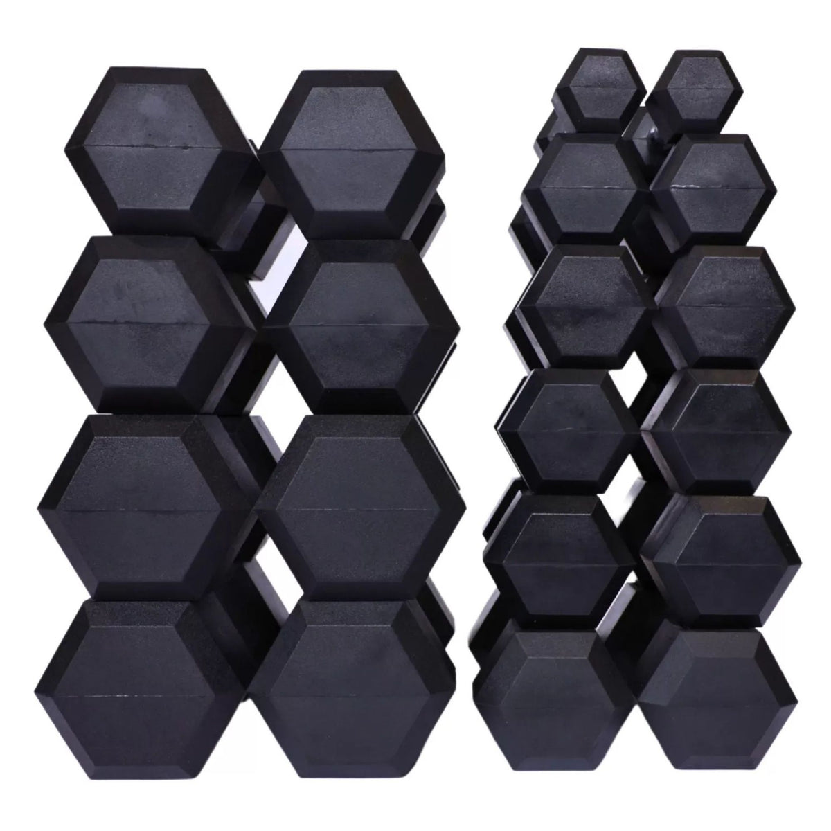 Vortex Rubber Hex Dumbbell Sets Top view of black hexagonal rubber dumbbells in multiple sizes