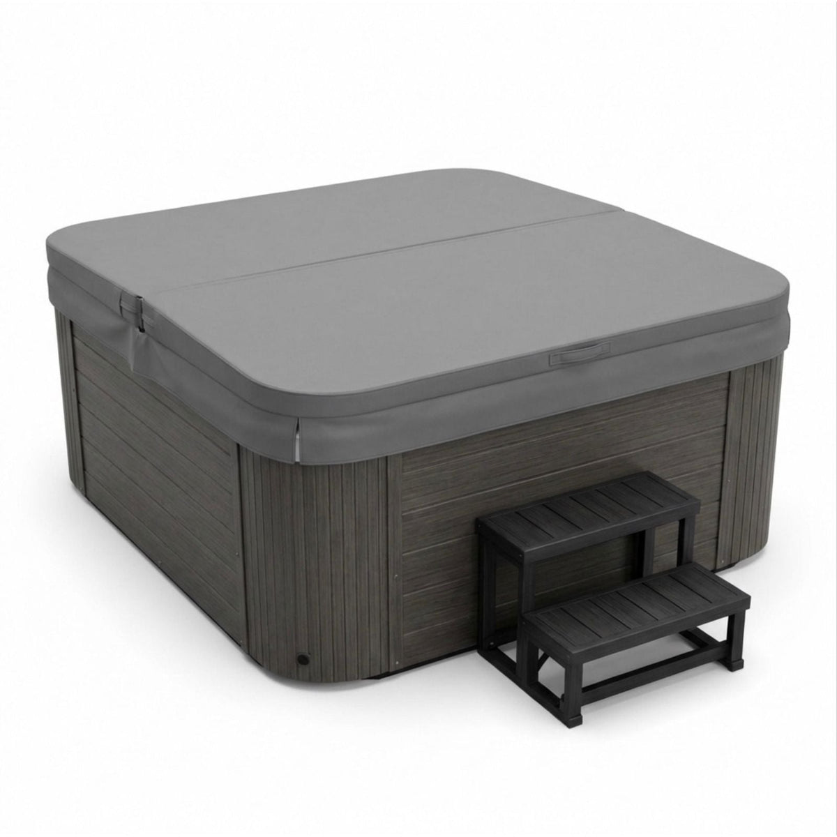 Luxury Spas Eclipse 6-person Hot tub with gray cover and steps on a white background