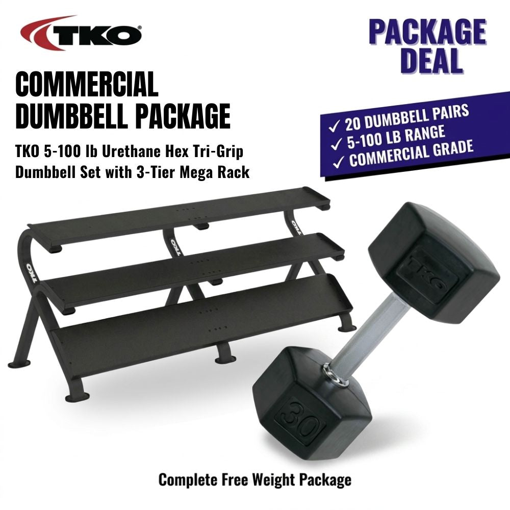 TKO Rubber Hex Tri-Grip Handle Dumbbells 5lb-100lb with 3-Tier Shelf Rack S891-TXR-E20