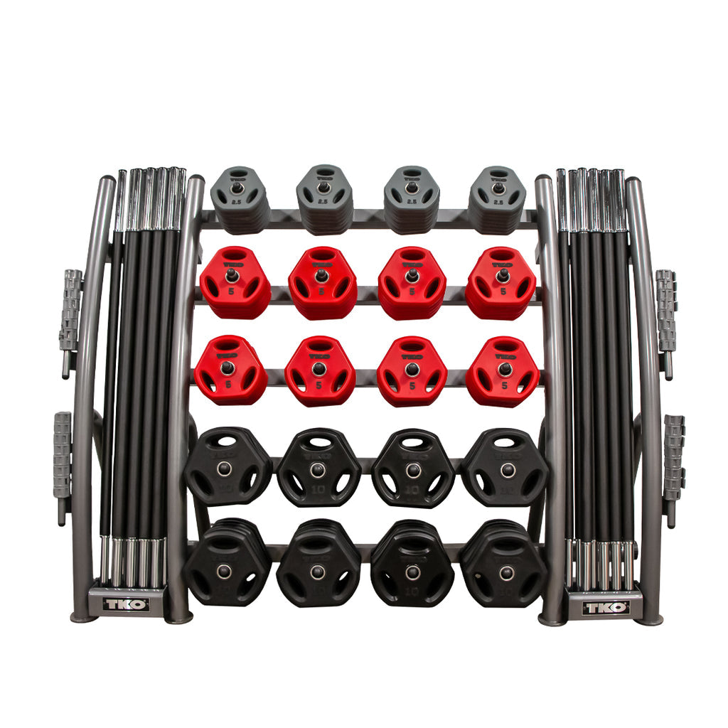 Set of weight plates and bars with a rack making up the TKO Cardio Pump Set 20 Pack 837CPAC-20