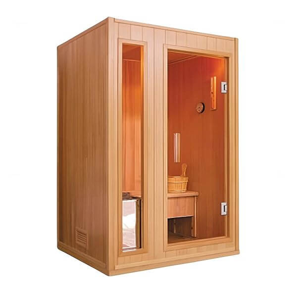 Wooden sauna with glass doors on a white background