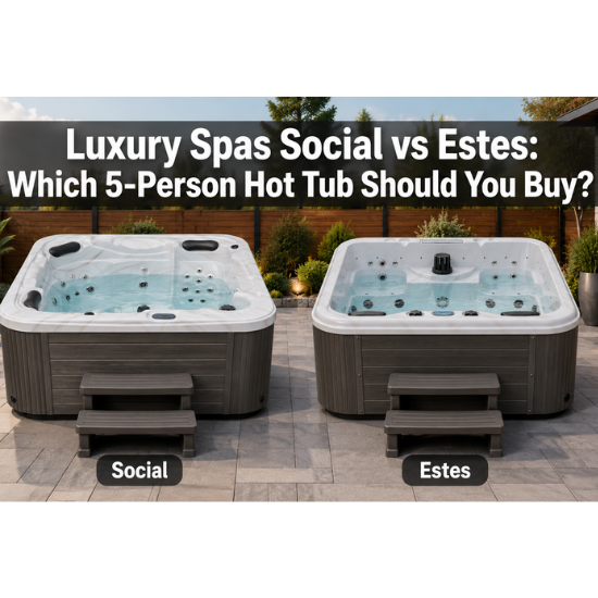 A comparison graphic showing two outdoor 5-person hot tubs side by side on a patio. The left tub is labeled 'Social' and the right tub is labeled 'Estes'.