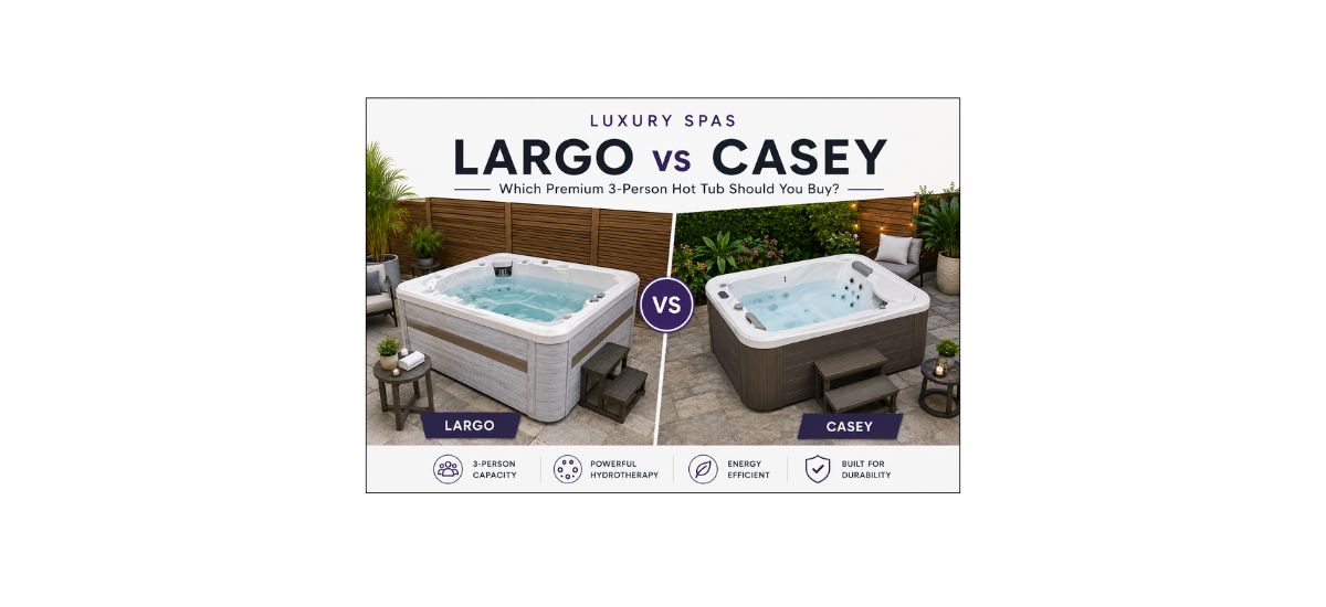 'LUXURY SPAS LARGO vs CASEY' showing two outdoor hot tubs side by side, labeled 'LARGO' on the left and 'CASEY' on the right, with feature icons below.