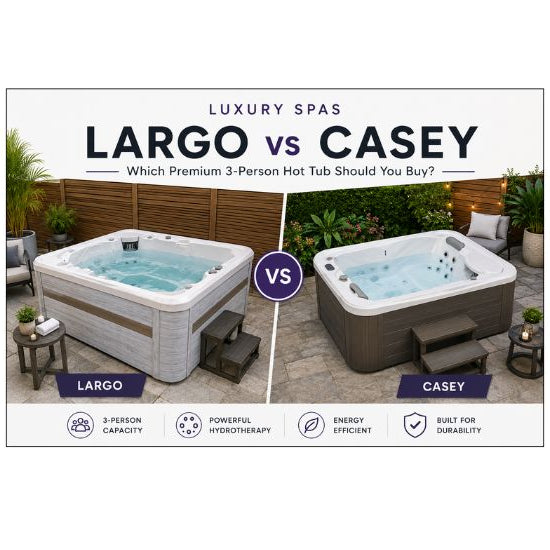 'LUXURY SPAS LARGO vs CASEY' showing two outdoor hot tubs side by side, labeled 'LARGO' on the left and 'CASEY' on the right, with feature icons below.