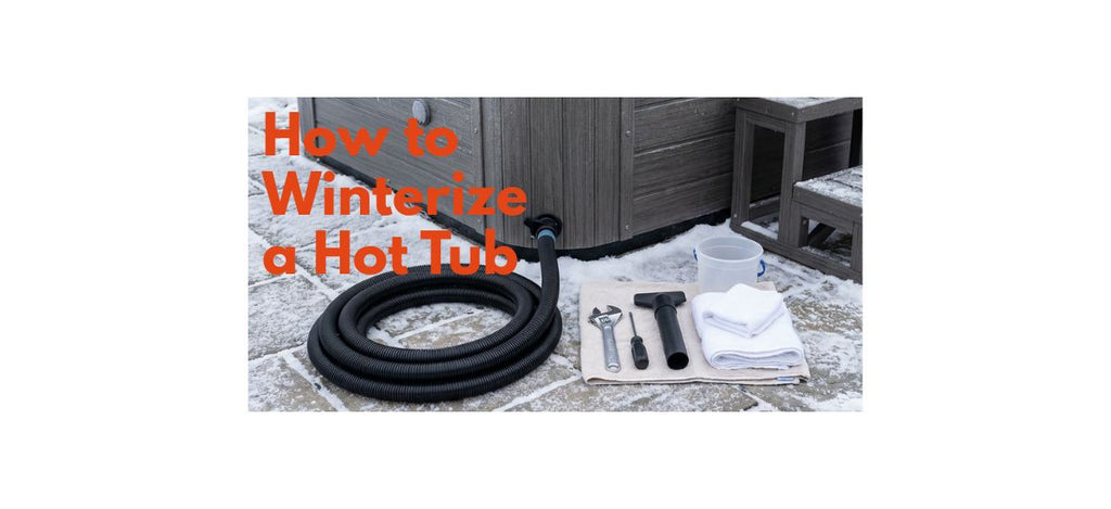 Hot tub winterization setup with drain hose and basic tools