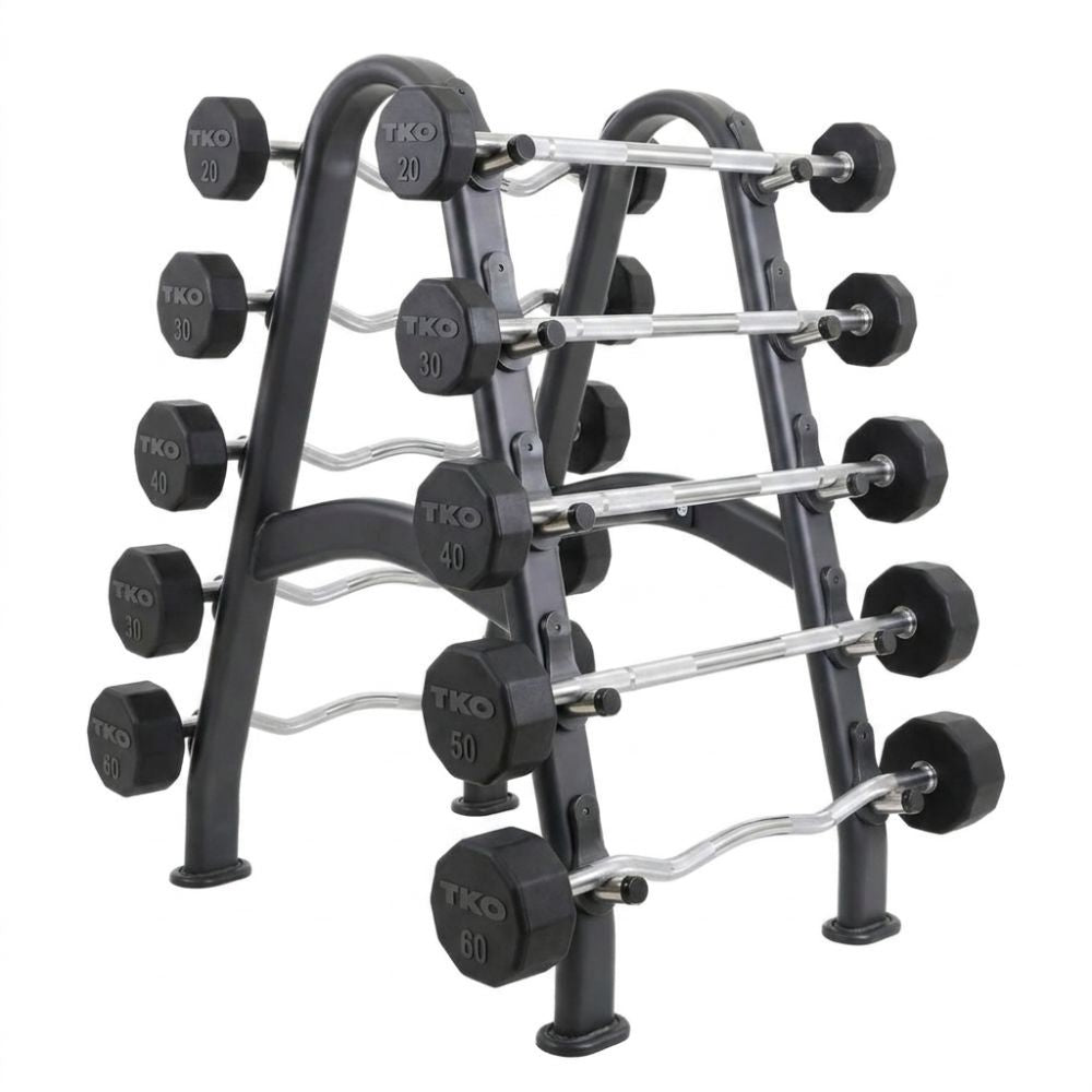 TKO Dumbbell rack 846BBR-BK with fixed barbells on a white background