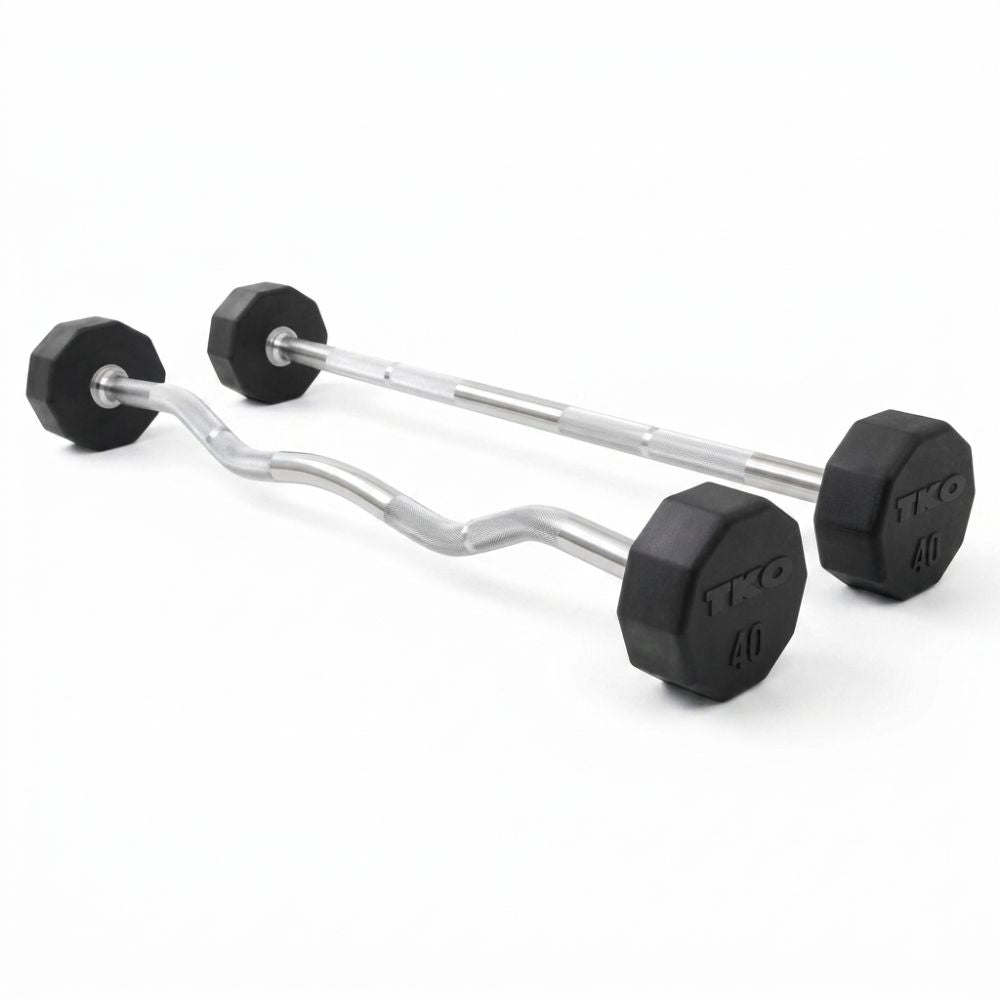 Pair of hex barbell weights on a white background