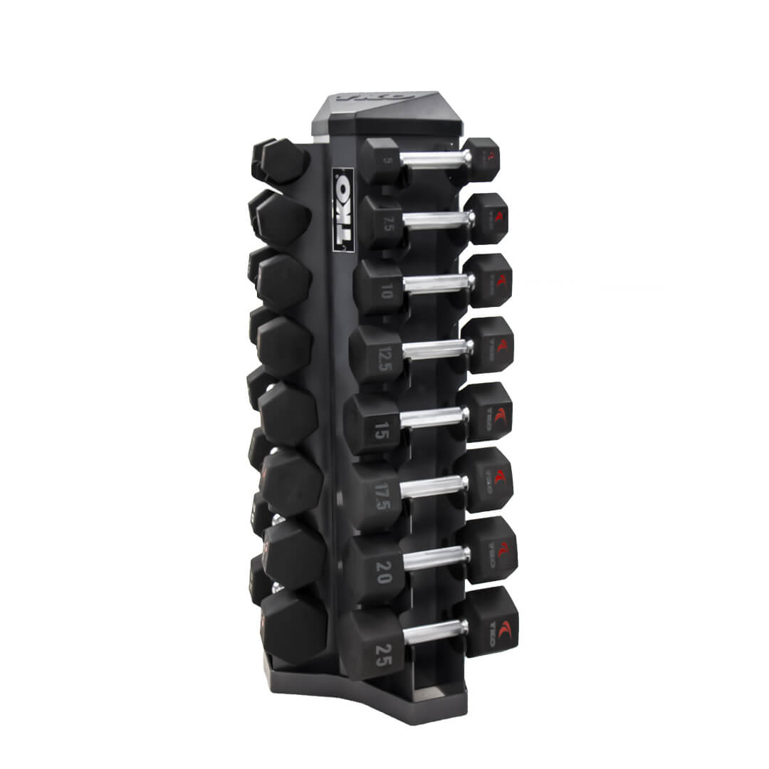 TKO 5-25lb Urethane Hex Tri-Grip Handle Dumbbells w/ 8pr Rack S826-TXUL8