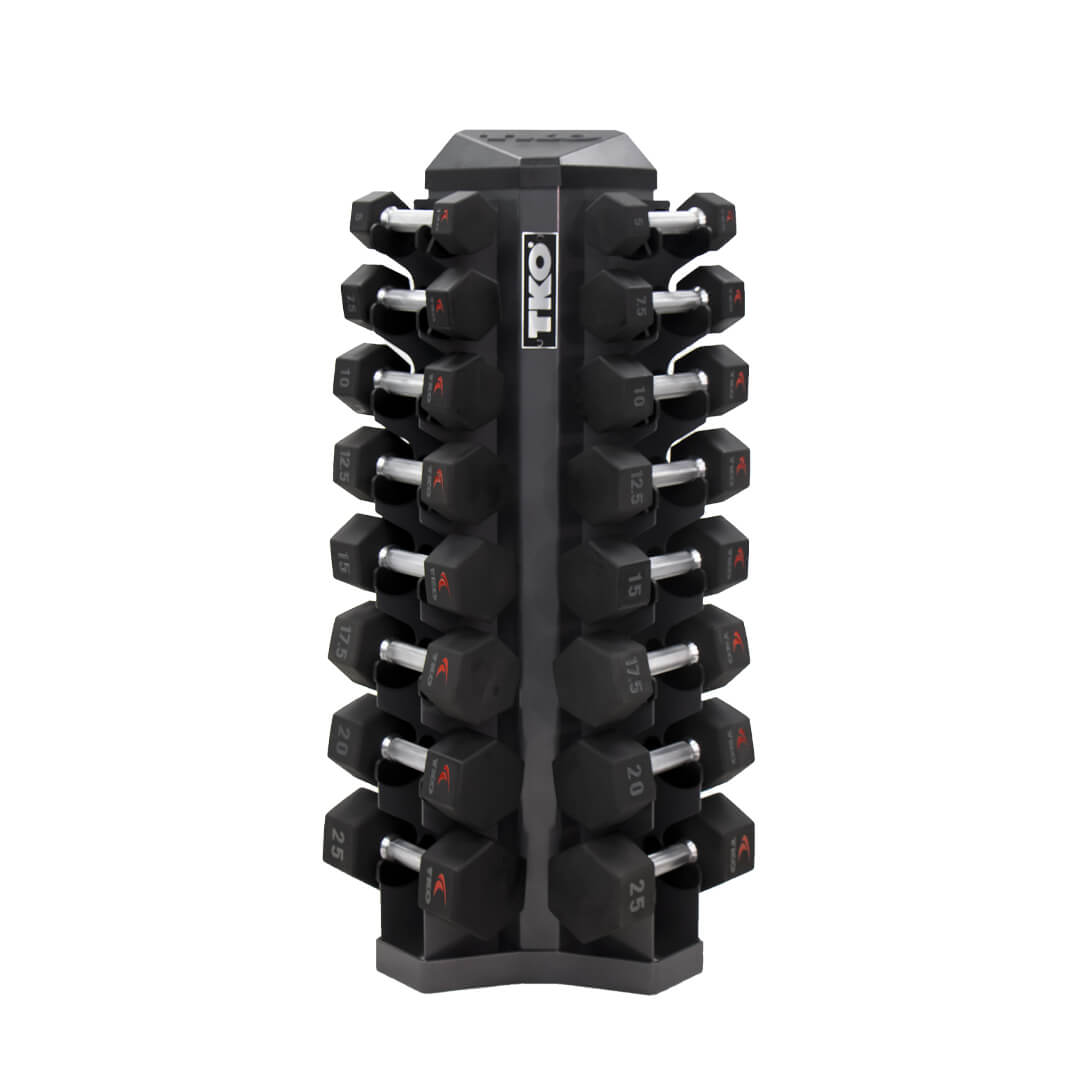 TKO 5-25lb Urethane Hex Tri-Grip Handle Dumbbells w/ 8pr Rack S826-TXUL8