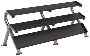 A three-tier horizontal dumbbell rack with a black finish, designed to hold a variety of dumbbell weights.  The TKO 5-100lb Rubber Hex Tri-Grip Handle Dumbbells w/ 3 Tier Shelf Rack S891-TXR-E20