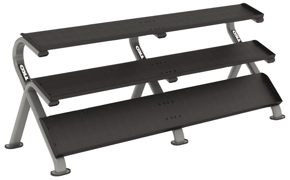 A three-tier horizontal dumbbell rack with a black finish, designed to hold a variety of dumbbell weights.  The TKO 5-100lb Rubber Hex Tri-Grip Handle Dumbbells w/ 3 Tier Shelf Rack S891-TXR-E20